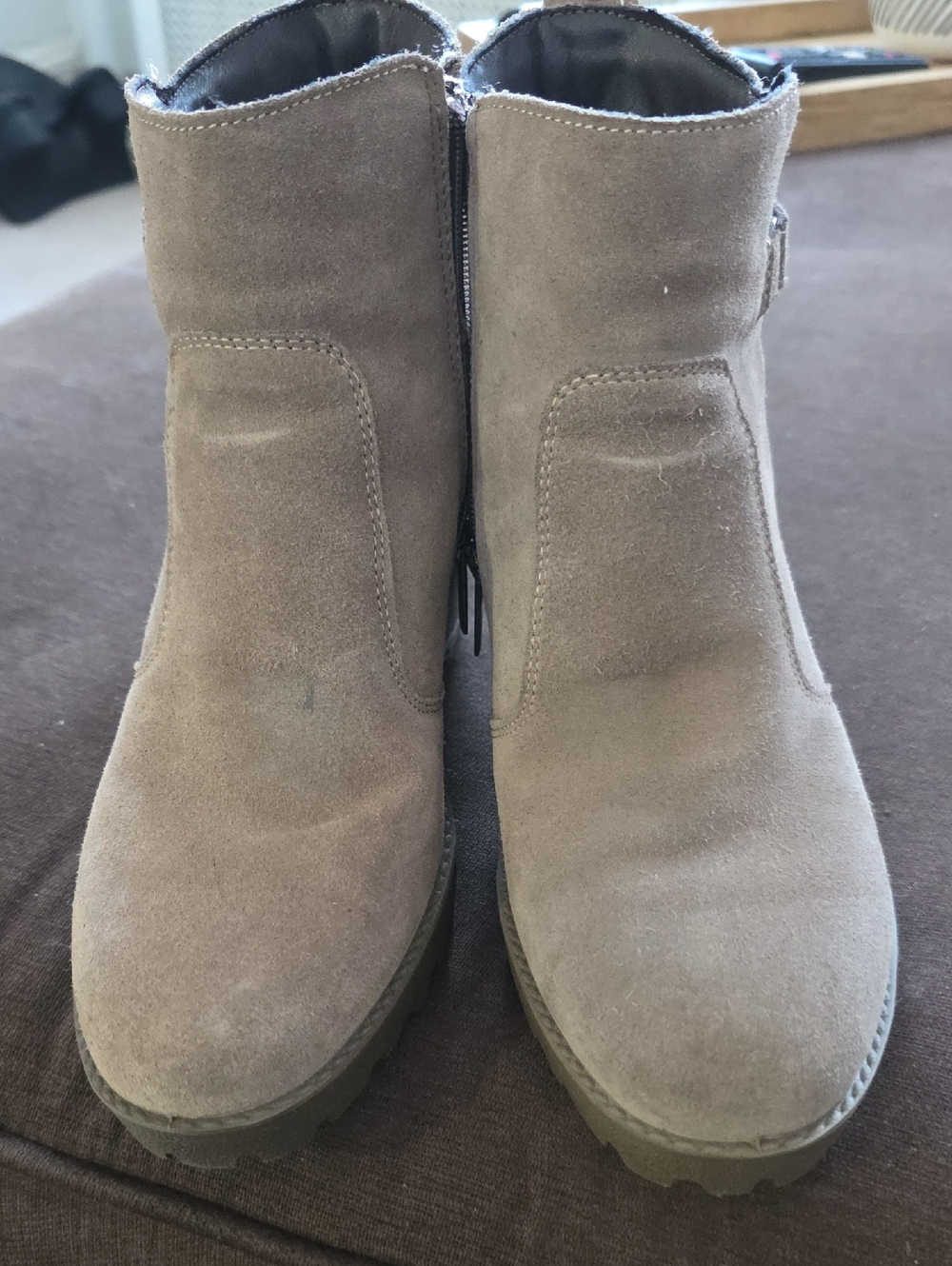 Women's Suede Side-Zip Ankle Booties in Taupe